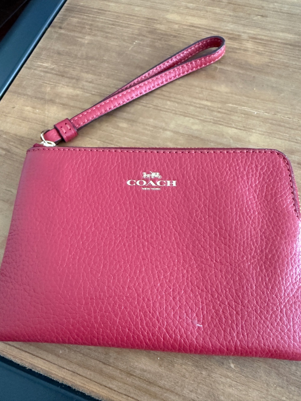 Coach red Pebbled Leather Wristlet with Gold Logo